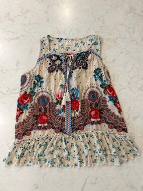 Billabong Floral Embroidered Festival Tassel Sleeveless Top Floral Boho Medium